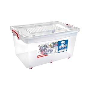 joyo moovers storage container box stackable storage bin with lid amp wheels plastic container with heavy duty latches to organize transparent lid - 60 ltr