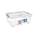 Joyo Moovers Storage Container Box, Stackable Storage Bin with Lid &amp; Wheels, Plastic Container with Heavy Duty Latches to Organize, Transparent Lid - 45 Ltr