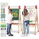 JOYOOSS Kids Wooden Easel with Paper Roll - Adjustable Magnetic Double Sided Drawing Board Whiteboard &amp; Chalkboard Dry Easel Board,Children Art Easel for 3~12 Years Kids Boys Girls Painting Drawing