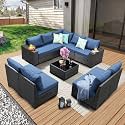 JOYURE 10 Pieces Patio Furniture Set All-Weather Outdoor Wicker Sectional Conversation Sofa Rattan Patio Seating Sofa with Cushion and Glass Table for Porch Poolside,Navy