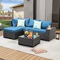 JOYURE 5 Pieces Patio Furniture Set All-Weather Outdoor Wicker Sectional Conversation Sofa Rattan Patio Seating Sofa with Cushion and Glass Table and Ottoman for Porch Poolside,Peacock Blue
