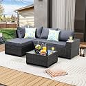JOYURE 5 Pieces Patio Furniture Set All-Weather Outdoor Wicker Sectional Conversation Sofa Rattan Patio Seating Sofa with Cushion and Glass Table for Porch Poolside,Grey