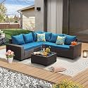 JOYURE 6 Pieces Patio Furniture Set All-Weather Outdoor Wicker Sectional Conversation Sofa Rattan Patio Seating Sofa with Cushion and Glass Table for Porch Poolside,Peacock Blue