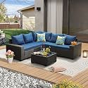 JOYURE 6 Pieces Patio Furniture Set All-Weather Outdoor Wicker Sectional Conversation Sofa Rattan Patio Seating Sofa with Cushion and Glass Table for Porch Poolside,Navy
