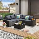 JOYURE 6 Pieces Patio Furniture Set All-Weather Outdoor Wicker Sectional Conversation Sofa Rattan Patio Seating Sofa with Cushion and Glass Table for Porch Poolside,Grey
