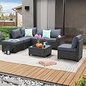 JOYURE 7 Pieces Patio Furniture Set All-Weather Outdoor Wicker Sectional Conversation Sofa Rattan Patio Seating Sofa with Cushion and Glass Table for Porch Poolside,Grey