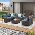 JOYURE 8 Pieces Patio Furniture Set All-Weather Outdoor Wicker Sectional Conversation Sofa Rattan Patio Seating Sofa with Cushion and Glass Table for Porch Poolside,Grey