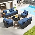 JOYURE 8 Pieces Patio Furniture Set All-Weather Outdoor Wicker Sectional Conversation Sofa Rattan Patio Seating Sofa with Cushion and Glass Table for Porch Poolside,Navy