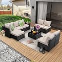 JOYURE 9 Pieces Patio Furniture Set All-Weather Outdoor Wicker Sectional Conversation Sofa Rattan Patio Seating Sofa with Cushion and Glass Table and Ottoman for Porch Poolside,Beige