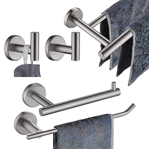 jqk bathroom hardware towel bar set 5-piece bath accessories set brushed finished wall mount includes 24 in towel bar 9 in ht bar tp holder towel hook x 2 bas105-bn