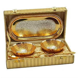 german silver bowl spoon and tray for gifts set of 5  golden and silver 100 ml