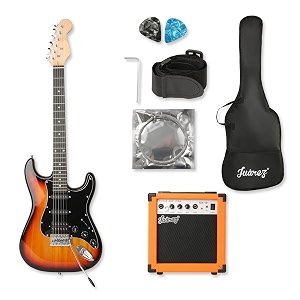 juarez basswood jrz-st01kit-3ts full-size h-s-s electric guitar kit for beginners  includes amplifier cable strap picks amp gig bag sunburst