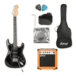 juarez basswood jrz-st01kit-fbk full-size h-s-s electric guitar kit for beginners  includes amplifier cable strap picks amp gig bag full black