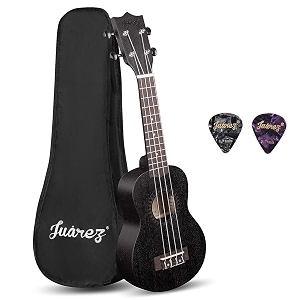 juarez jrz23ukbk 23-inch black ukulele with aquila strings sapele body rosewood fingerboard matte finish - includes bag and picks