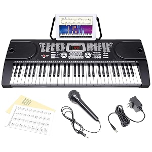 juarez octav jrk661 61-key electronic keyboard piano with led display  adapter  key note stickers  mic music sheet stand  255 rhythms  255 timbres  24 demos  8 percussions