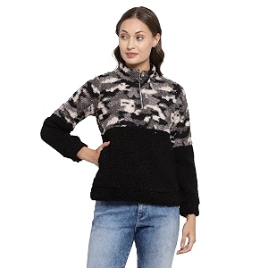 Juelle Women Textured Black High Neck Fleece