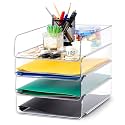 Juexica 4 Pcs Stackable Clear Letter Trays Organizer for Desk A4 Size File Paper Organizer Acrylic Desk Organizer Trays with Anti Skid Bottom for Home Office School (Vertical Opening Style)