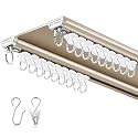 Juexica Ceiling Curtain Double Track Set 3ft-13ft/4 Meter Champagne Double Curtain Track Ceiling Mount Heavy Duty Room Divider Adjustable Length Rails with Clips Hooks End Hook