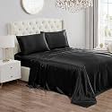 Juicy Couture King Size Satin Bed Sheet Set, Deep Pocket Silky King Sheet Set with 1 Fitted Sheet, 1 Flat Sheet and 2 Pillow Case, Wrinkle Resistant and Anti Pilling Bed Sheets - Black