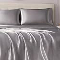Juicy Couture King Size Silky Satin Bed Sheet Set, Deep Pocket Satin King Sheet Set with 1 Fitted Sheet, 1 Flat Sheet and 2 Pillowcases, Wrinkle Resistant &amp; Anti Pilling Bed Sheets - Silver Wisteria