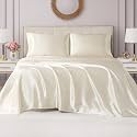 Juicy Couture Queen Size Satin Bed Sheet Set, Deep Pocket Silky Queen Sheet Set with 1 Fitted Sheet, 1 Flat Sheet and 2 Pillow Case, Wrinkle Resistant and Anti Pilling Bed Sheets - Ivory