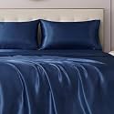 Juicy Couture Queen Size Satin Bed Sheet Set, Deep Pocket Silky Satin Queen Sheet Set with 1 Fitted Sheet, 1 Flat Sheet and 2 Pillowcases, Wrinkle Resistant &amp; Anti Pilling Bed Sheets - Dark Blue