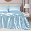 Juicy Couture Twin Size Silky Satin Bed Sheet Set, Deep Pocket Twin Sheet Set with 1 Fitted Sheet, 1 Flat Sheet and 1 Pillowcase, Wrinkle Resistant & Anti Pilling Satin Bed Sheets - Light Blue
