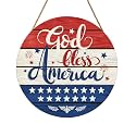 July Fourth Memorial Day Decorations Sign for Front Door Independence Day Patriotic Wreath Welcome Hanging Plaque God Bless America Round Wooden Hanger for Memorial Outdoor Decor 12”x 12”