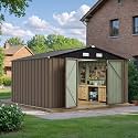 JUMMICO 10 x 8 FT Outdoor Storage Shed, Large Metal Garden Shed &amp; Tool Sheds for Backyard Garden Patio Lawn (Brown)