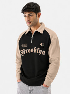 Jump Cuts Printed Men Polo Neck Black