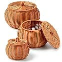 Junkin Set of 3 Round Rattan Basket Box with Lid Wicker Storage Baskets Bin