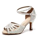 JUODVMP Women's Latin Dance Shoes Rhinestones Satin Ballroom Dancing Shoes Salsa Professional Dance Shoes
