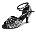 JUODVMP Women's Latin Dance Shoes Rhinestones Satin Ballroom Dancing Shoes Salsa Professional Dance Shoes