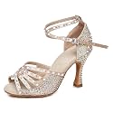 JUODVMP Women's Latin Dance Shoes Rhinestones Satin Ballroom Dancing Shoes Salsa Professional Dance Shoes