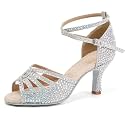 JUODVMP Women's Latin Dance Shoes Rhinestones Satin Ballroom Dancing Shoes Salsa Professional Dance Shoes