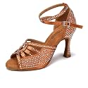 JUODVMP Women's Latin Dance Shoes Rhinestones Satin Ballroom Dancing Shoes Salsa Professional Dance Shoes