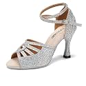 JUODVMP Women's Latin Dance Shoes Rhinestones Satin Ballroom Dancing Shoes Salsa Professional Dance Shoes