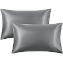 JUPON Silk Pillow Cover Pack of 2 - Grey Silk Pillow Cases for Hair and Skin 16X26 inches, Mulberry Silk with Envelope Closure