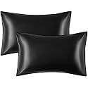 JUPON Standard Silk Pillow Cover Set of 2 - Black Silk Pillow Cases for Hair and Skin 20x30 inches, Mulberry Silk with Envelope Closure