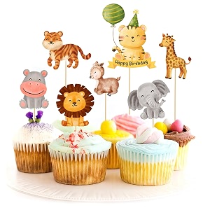 just party jungle theme happy birthday cake topper amp birthday props for kids  animal cake toppers for cake decoration amp photo props  muffin toppers  set of 6 props  1 topper