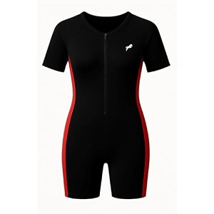 just rider unisex swimming suit shorts sleeve kids one-piece swimsuit  boys amp girls swimsuit with front zip amp half sleeves  uv protection rash guard swimwear - black amp red