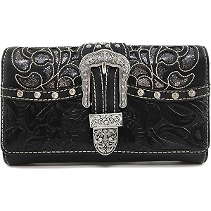 justin west laser cut rhinestone silver buckle studded cross shape design wristlet trifold wallet attachable long strap black silver