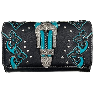 justin west laser cut rhinestone silver buckle studded cross shape design wristlet trifold wallet attachable long strap turquoise black