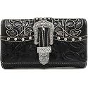 Justin West Laser Cut Rhinestone Silver Buckle Studded Cross Shape Design Wristlet Trifold Wallet Attachable Long Strap (Black Silver)