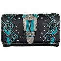 Justin West Laser Cut Rhinestone Silver Buckle Studded Cross Shape Design Wristlet Trifold Wallet Attachable Long Strap (Turquoise Black)