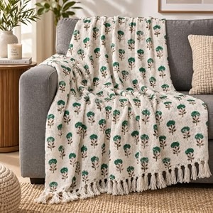 jute cotton hand block printed sofa throw 50 x 70 inch or 127 x 1778 centimeters handmade coverlet for sofa couch amp living room decorative home furnishing green buti pack of 1