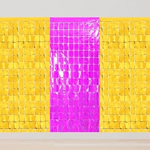 square foil curtains backdrop  pack of 3 2 gold amp 1 purple  sparkling fringe curtain for weddings anniversaries baby showers birthday stage background decorations - 9 x 6 ft