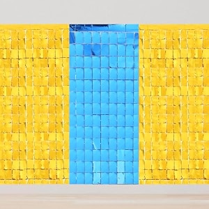 foil fringe curtains backdrop pack of 3 2 gold amp 1 blue square curtain for weddings anniversaries baby showers birthday stage background decorations - 9 x 6 ft