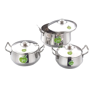 jvl stainless steel handi with lid amp handle set 3 piece plain cookware set for cooking cooking amp serving pot - 800 1250 1900 ml