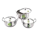 JVL Stainless Steel Handi with Lid &amp; Handle Set, 3 Piece, Plain Cookware Set for Cooking, Cooking &amp; Serving Pot - 800, 1250, 1900 ml